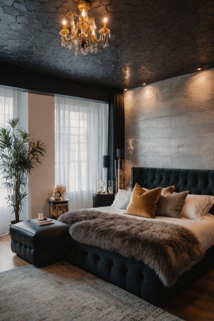 Luxury bedroom with a black dotted bed frame and side tables. Black ceiling with chandelier and stone wall.
