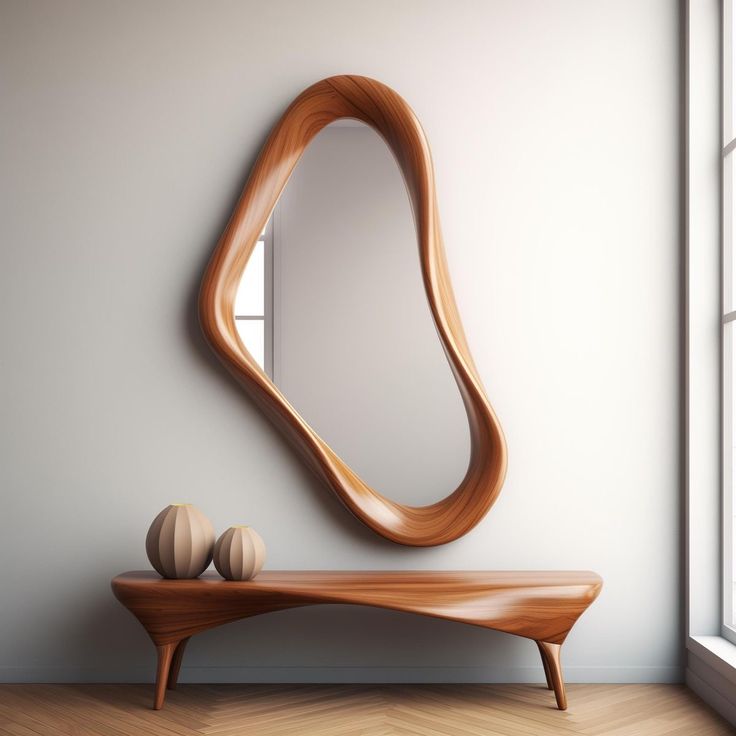 Luxury furniture crafting organic dark wooden design wall mirror and stool.