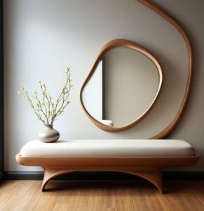 Beautiful, organic, wooden luxury wall mirrors accompanied by simple wooden stools.