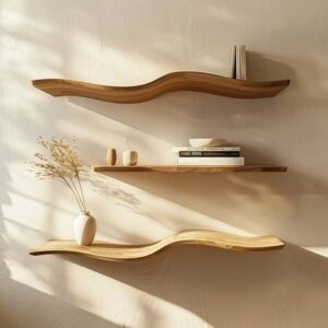 Three organic wavy wooden shelves
