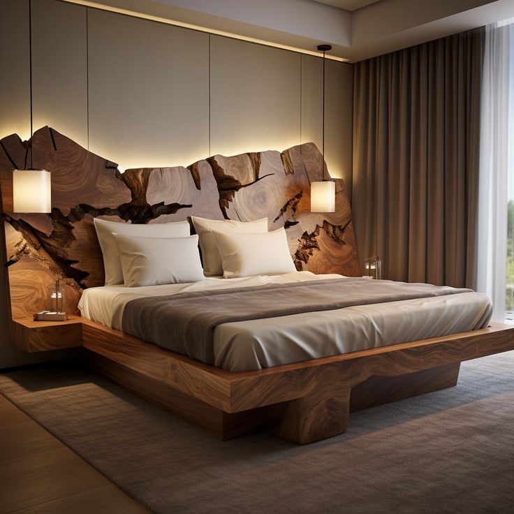 Luxury furniture crafting wooden clean aesthetic, multiple blocks of wood bed frame beige sheets squares lamps and wooden small bead side tables.