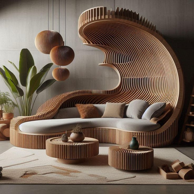 Organic wave transparent design sofa in neutral colours with matching tables