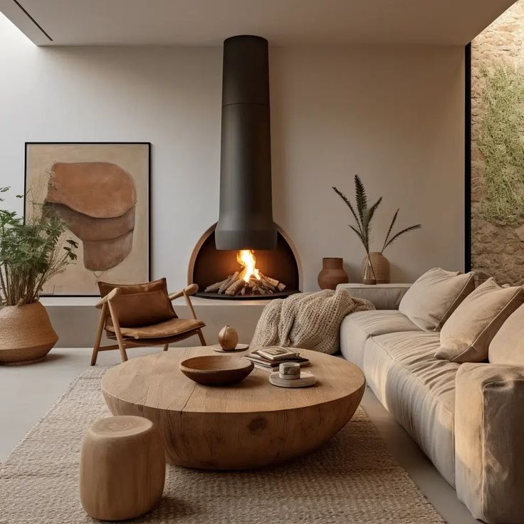 A cosy, simple, clean-looking living room with neutral tones, a luxury black fireplace, a director's wooden chair, a circular wooden block coffee table, and an oversized confutable beige couch.